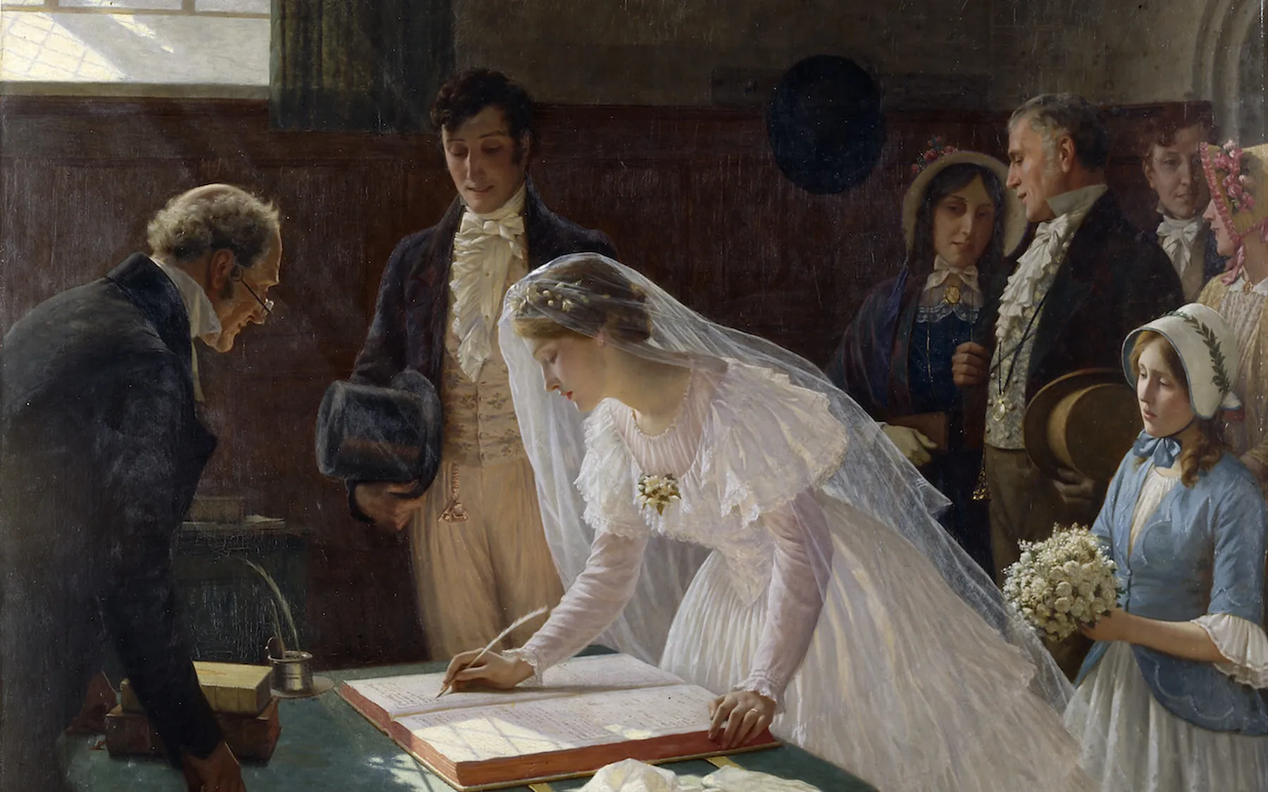 Cuadro de Edmund Blair Leighton: una novia con velo firma el registro de su boda junto al novio, el oficiante y los invitados